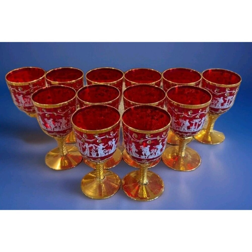 Murano Venetian Neoclassical Wine Glasses Set of 12 Ruby  24k Heavy Gold Gilded - Picture 3 of 10